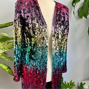 L'ATISTE Rainbow Festival Sequin Cardigan, Colorful circus shimmer duster  B1